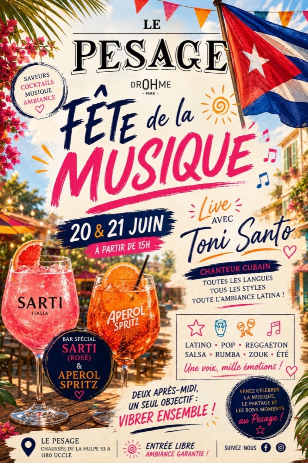 Le Pesage poster — Fête de la Musique, live with Toni Santo, Latin atmosphere, 20 and 21 June from 3pm, free entry